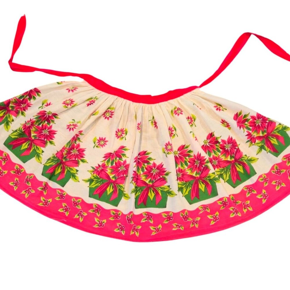 Vintage Christmas Apron Poinsettia Floral Print red Waist Ties Holiday Hostess